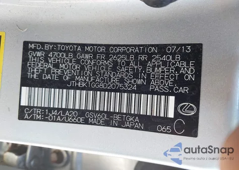 2013 Lexus Es 350 from USA, damaged, VIN JTHBK1GG8D2075324
